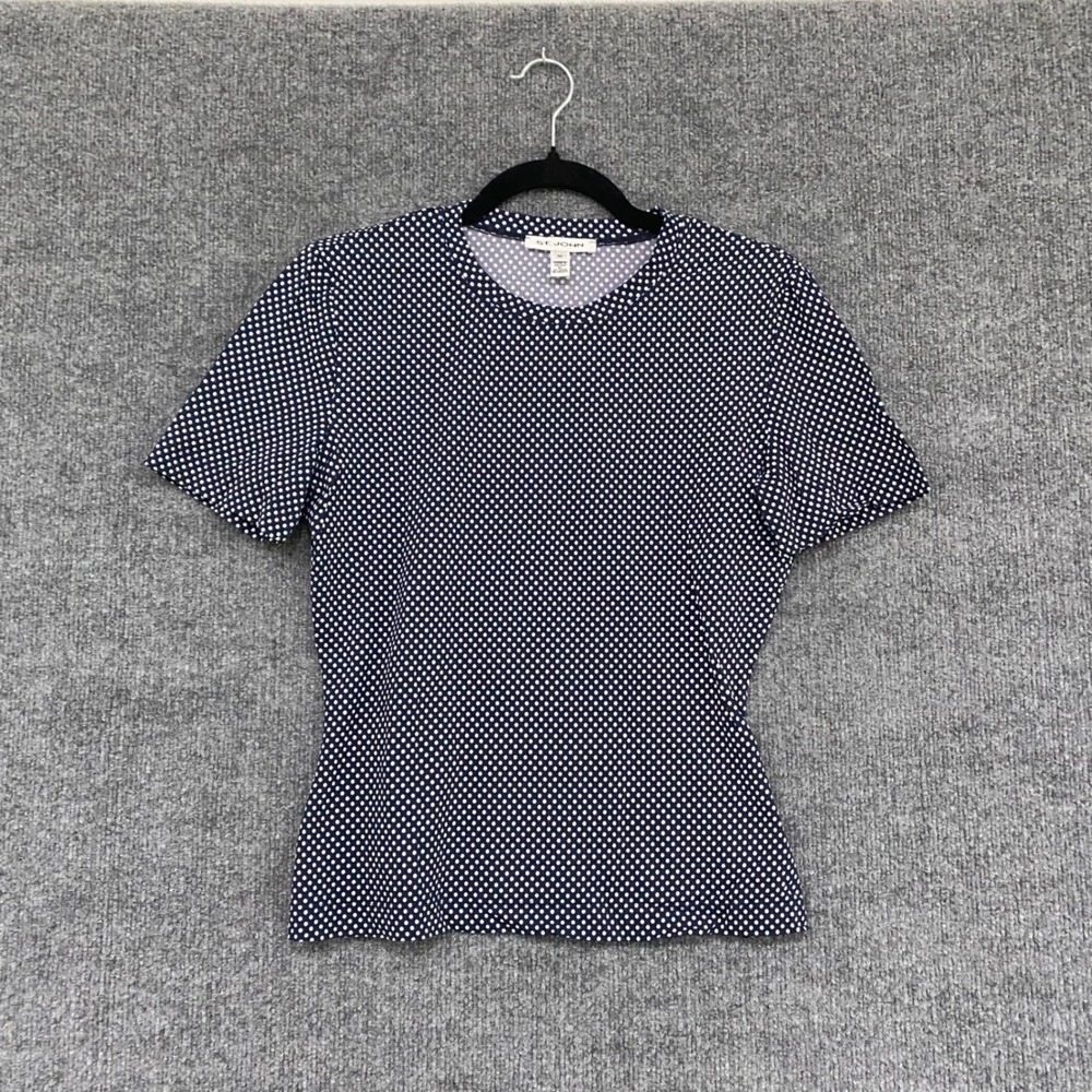 St. John Navy Blue White Polka Dot Short Sleeve Crew Neck Top Medium